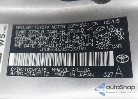 2005 Toyota Prius from USA, damaged, VIN JTDKB20U457032191